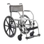 Cadeira de banho Jaguaribe RG, na cor branca. A imagem mostra a cadeira de aço com rodas traseiras grandes, assento de 40cm, apoios removíveis e freios nas rodas.