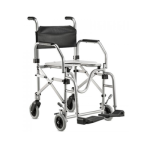 Cadeira de banho dobrável Jaguaribe DB, vista de frente e lateral, com estrutura em alumínio prateado e assento branco. A imagem destaca a estrutura dobrável e os apoios de braço.