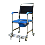 Cadeira de banho Dellamed D50, mostrando a estrutura reforçada em aço, o assento almofadado com coletor, e as quatro rodas giratórias com freio.