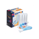 Exercitador respiratório Respiron Classic, transparente, com três esferas coloridas (vermelha, amarela e azul) em suas colunas, e o bocal para o exercício de inspiração.