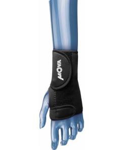 Órtese de punho Mova com tala bilateral na cor preta. A foto deve mostrar o material em neoprene e a tala de alumínio em seu interior, destacando a estrutura anatômica.