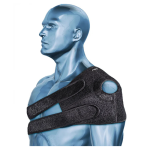 Suporte para bolsa de gelo Mova na cor preta, mostrando o orifício para a bolsa de gelo e as tiras de neoprene com fechos aderentes. A imagem deve ilustrar a flexibilidade do produto.