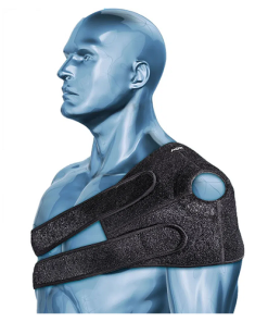 Suporte para bolsa de gelo Mova na cor preta, mostrando o orifício para a bolsa de gelo e as tiras de neoprene com fechos aderentes. A imagem deve ilustrar a flexibilidade do produto.