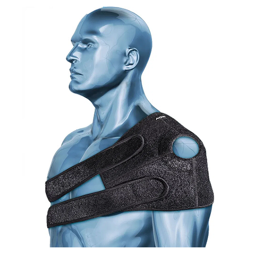 Suporte para bolsa de gelo 2 em 1 MOVA - Ortopedia Online SP Suporte para bolsa de gelo Mova na cor preta, mostrando o orifício para a bolsa de gelo e as tiras de neoprene com fechos aderentes. A imagem deve ilustrar a flexibilidade do produto.