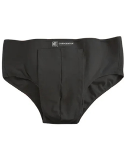 Cueca para hérnia inguinal dupla Ortocenter na cor preta, com detalhes das pelotas de suporte removíveis e fechos de velcro.