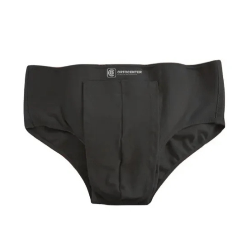 Cueca Para Hérnia Inguinal Dupla Ortocenter Cor Preta - Ortopedia Online SP Cueca para hérnia inguinal dupla Ortocenter na cor preta, com detalhes das pelotas de suporte removíveis e fechos de velcro.