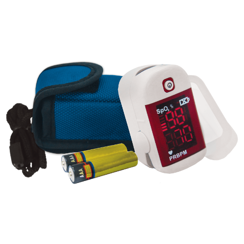 Oxímetro sem alarme Dellamed - Ortopedia Online SP Oxímetro de pulso Dellamed nas cores cinza e vermelho, com tela LED mostrando uma leitura, acompanhado de capa de silicone e cordão.