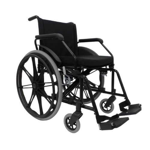 Cadeira de Rodas Jaguaribe Poty de aço dobrável, com capacidade para 150kg e pneus antifuro.