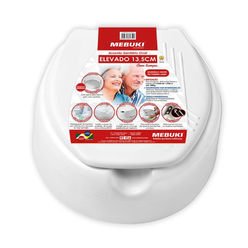 Assento oval elevável 13,5 - Ortopedia Online SP Assento sanitário elevado Mebuki branco de 13,5cm de altura, mostrando o formato oval e o sistema de fixação.