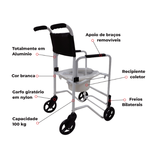 Cadeira de Banho alumínio com recipiente para até 100kg - Ortopedia Online SP