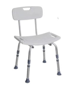 Banqueta higiênica Dellamed D2 cinza/prata de alumínio com encosto branco, ajustada em altura média, vista frontal.