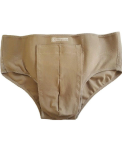 Cueca para hérnia inguinal dupla Ortocenter na cor bege. A imagem mostra o design com as pelotas de poliuretano anatômicas e o fecho em velcro para ajuste.