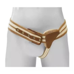 Funda para hérnia inguinal Ortocenter, modelo 610, na cor bege, com elástico reforçado e pelotas de poliuretano. A imagem deve mostrar o design específico para o lado direito.