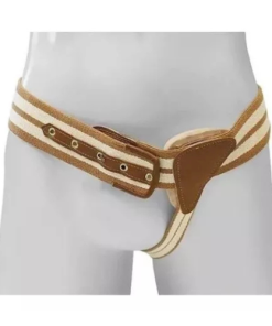 Funda para hérnia inguinal Ortocenter, modelo 610, na cor bege, com elástico reforçado e pelotas de poliuretano. A imagem deve mostrar o design específico para o lado direito.