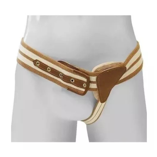 Funda para hérnia inguinal lado direito - Ortocenter Funda para hérnia inguinal Ortocenter, modelo 610, na cor bege, com elástico reforçado e pelotas de poliuretano. A imagem deve mostrar o design específico para o lado direito.
