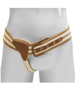 Funda para hérnia inguinal Ortocenter, modelo 610, na cor bege. A imagem deve mostrar o design com o elástico reforçado e as pelotas de sustentação.