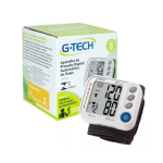 Aparelho de Pressão Digital Automático de Pulso G-Tech branco, com visor digital e braçadeira.