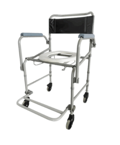 Cadeira de Banho Dellamed D40 dobrável e desmontável, na cor [especificar cor da estrutura e corino], com comadre e rodízios com freio.