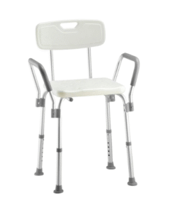 Banqueta de Banho Dellamed D3 em alumínio, com assento branco ergonômico, encosto, apoio de braços e pés antiderrapantes.