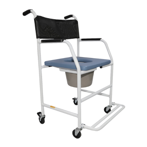 Cadeira de Banho Jaguaribe Big em alumínio aeronáutico branco, com assento largo de 50cm e coletor, rodízios com freio.