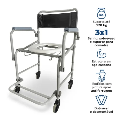 Cadeira de Banho Higiênica Dobrável e Desmontável até 120 Kg D40 Dellamed com comadre - Ortopedia Online SP