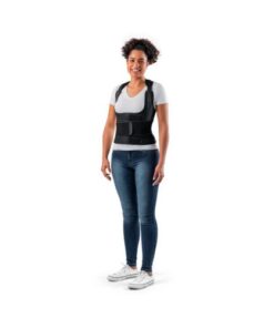 Corretor postural Support Hidrolight na cor preta. A imagem mostra o corretor nas costas de um usuário, destacando as tiras de ajuste, o fecho abdominal e a estrutura reforçada com aço.