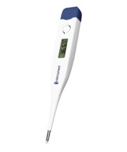 Termômetro clínico digital com haste fixa da marca Dellamed, na cor azul. A imagem mostra o termômetro com a tela de cristal e o botão de acionamento.