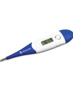 Termômetro clínico digital com haste flexível da marca Dellamed, na cor rosa. A imagem mostra a ponta flexível do termômetro em um ângulo, destacando a maleabilidade do produto.