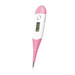 Termômetro clínico digital com haste flexível da marca Dellamed, na cor rosa. A imagem mostra a ponta flexível do termômetro em um ângulo, destacando a maleabilidade do produto.
