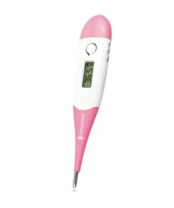 Termômetro clínico digital com haste flexível da marca Dellamed, na cor rosa. A imagem mostra a ponta flexível do termômetro em um ângulo, destacando a maleabilidade do produto.